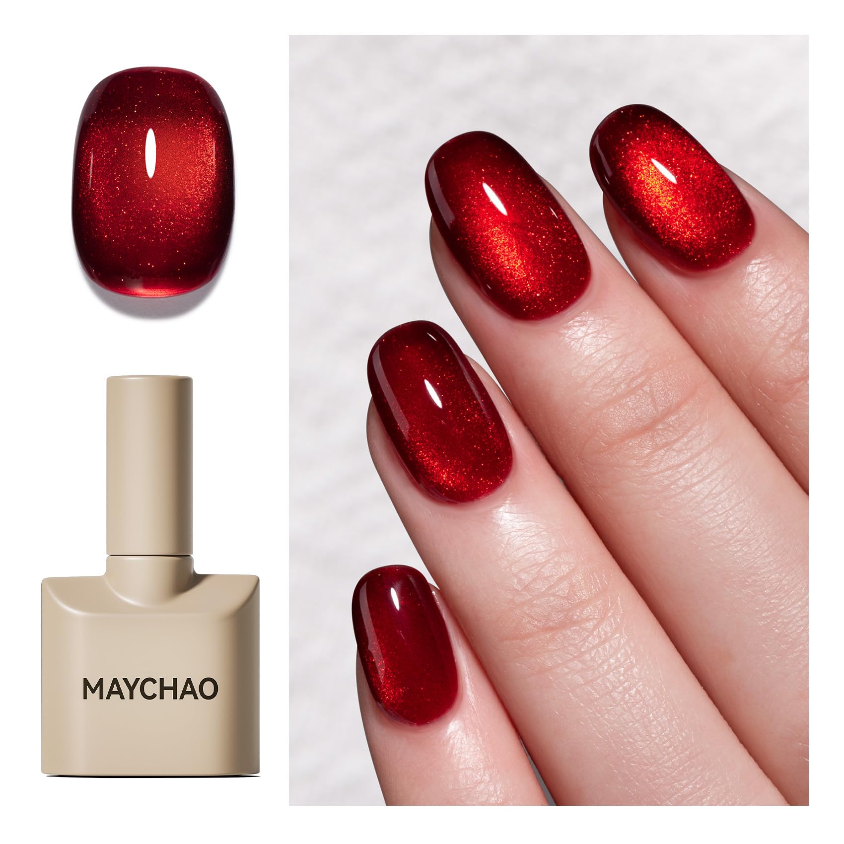 MAYCHAO red cat-eye gel nail polish bottle showing deep color and holographic shimmer.