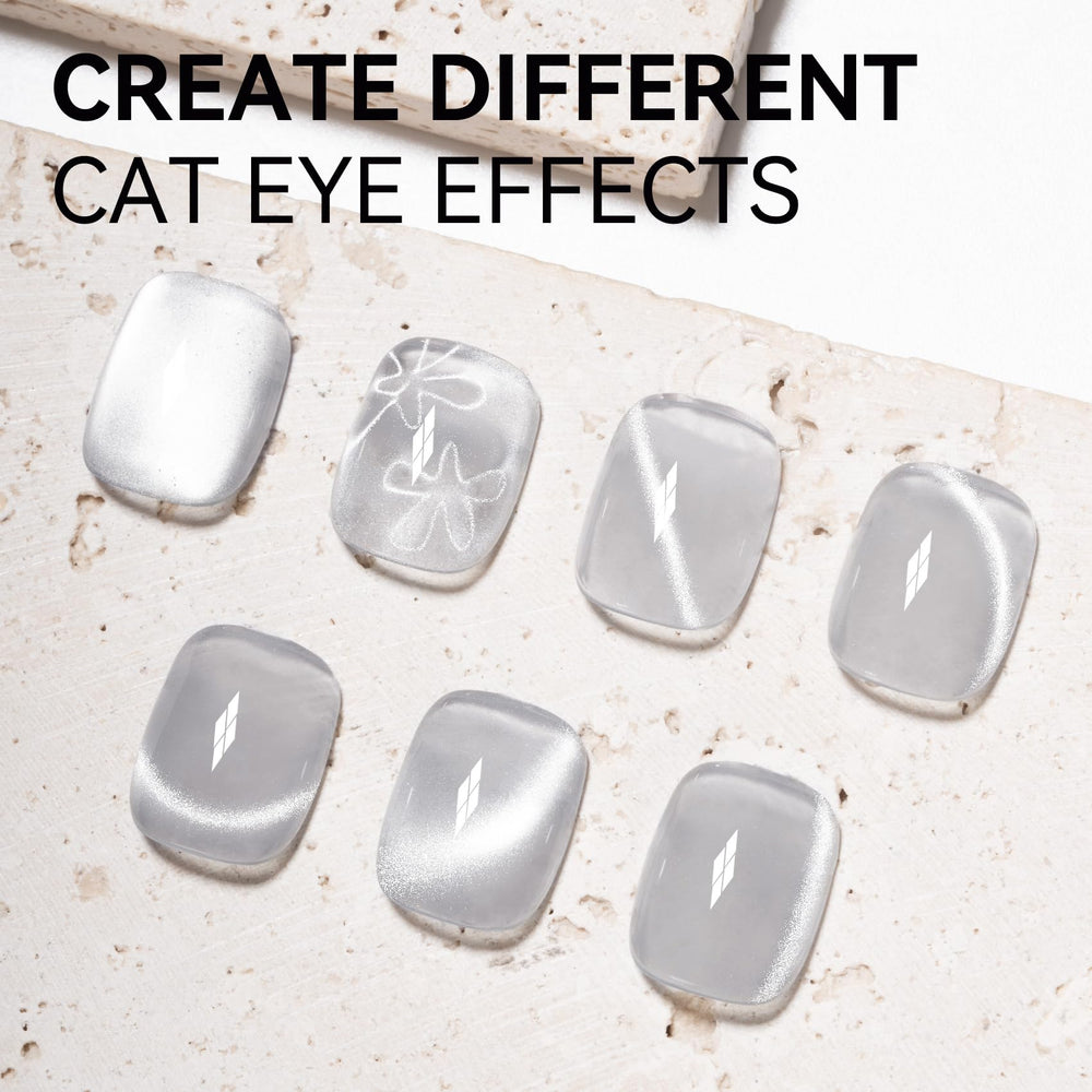 MAYCHAO Silk Silver Cat Eye holographic finish catching light from different angles.