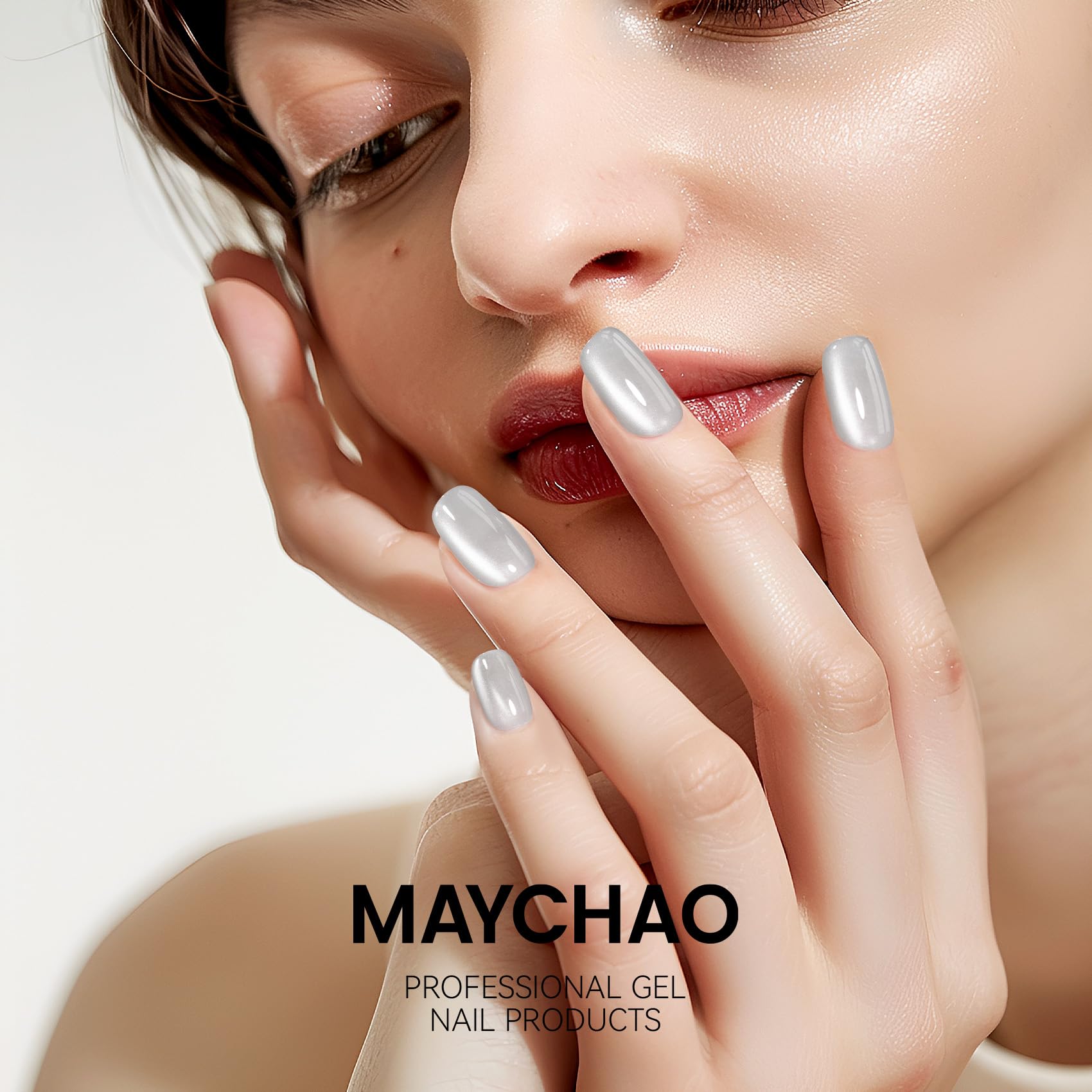 MAYCHAO Silk Silver Cat Eye bottle and wand illustrating soak-off removal process.