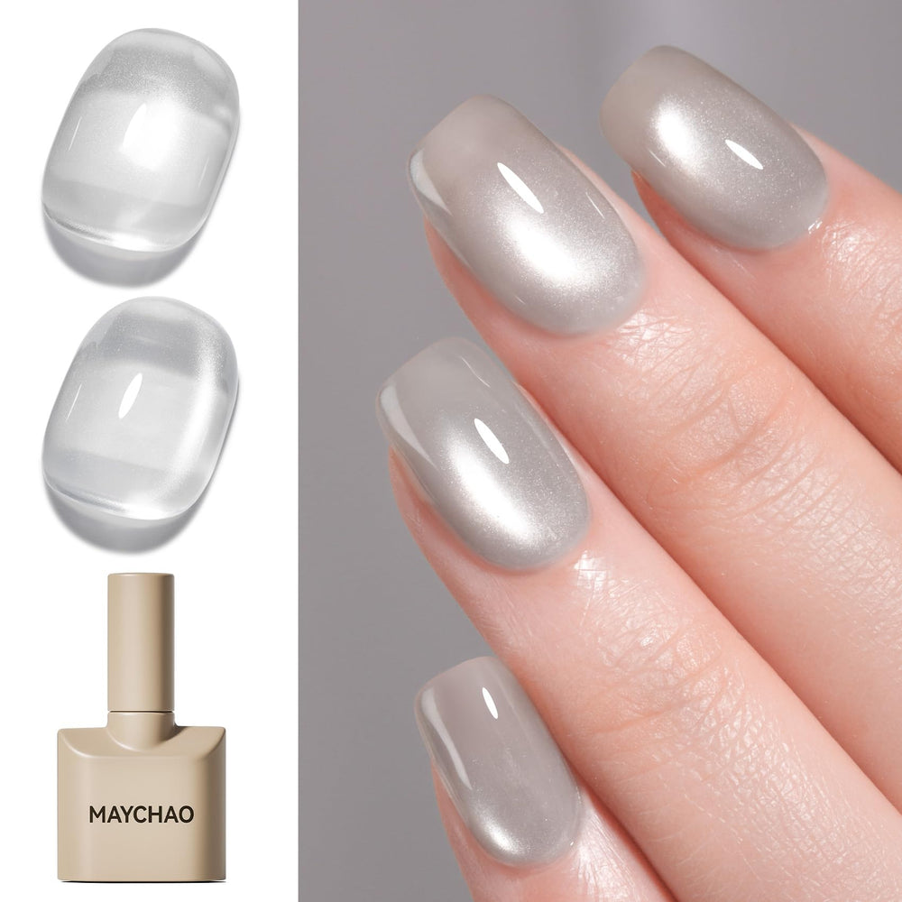 MAYCHAO Silk Silver Cat Eye dual-tone shimmer during nail art design session.