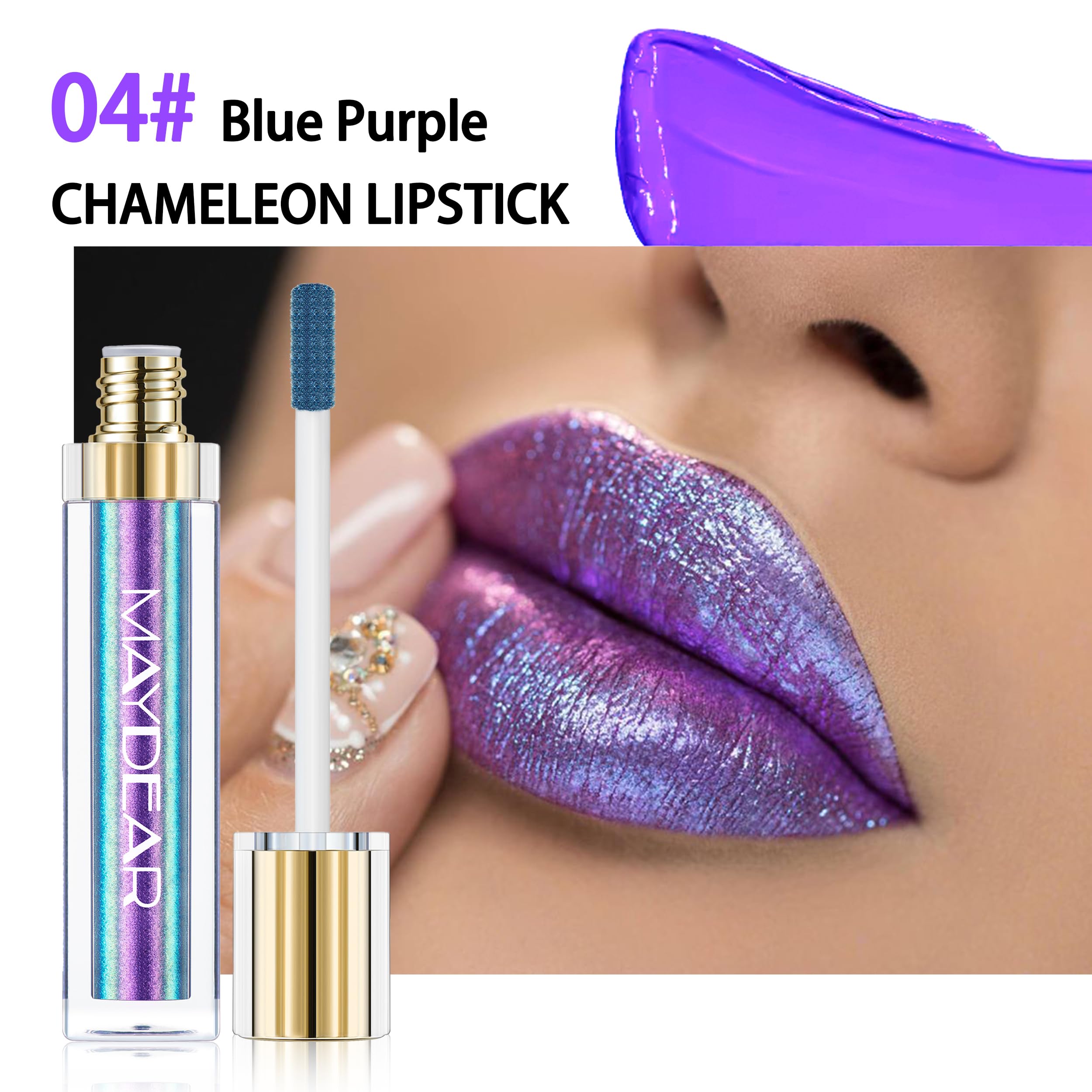Maydear Chameleon Lipstick on lips with metallic shine enhances vibrant evening looks.