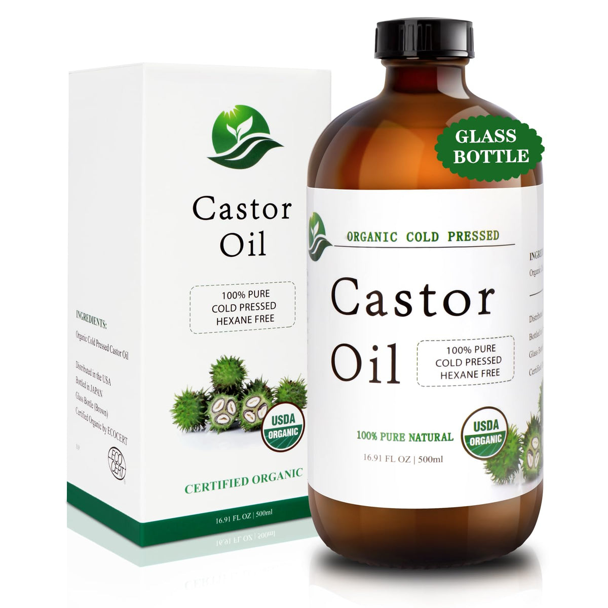 MAYLINK castor oil bottle in brown glass promotes purity and protection