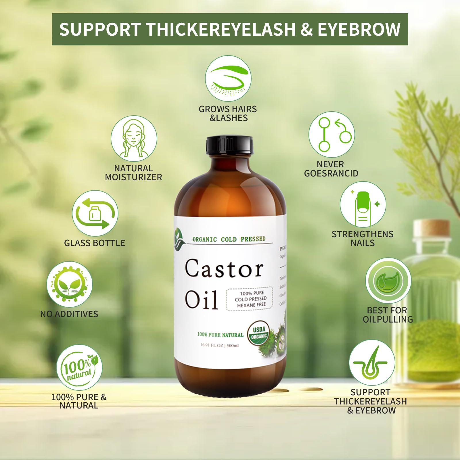 MAYLINK castor oil bottle pour image illustrates easy application and control