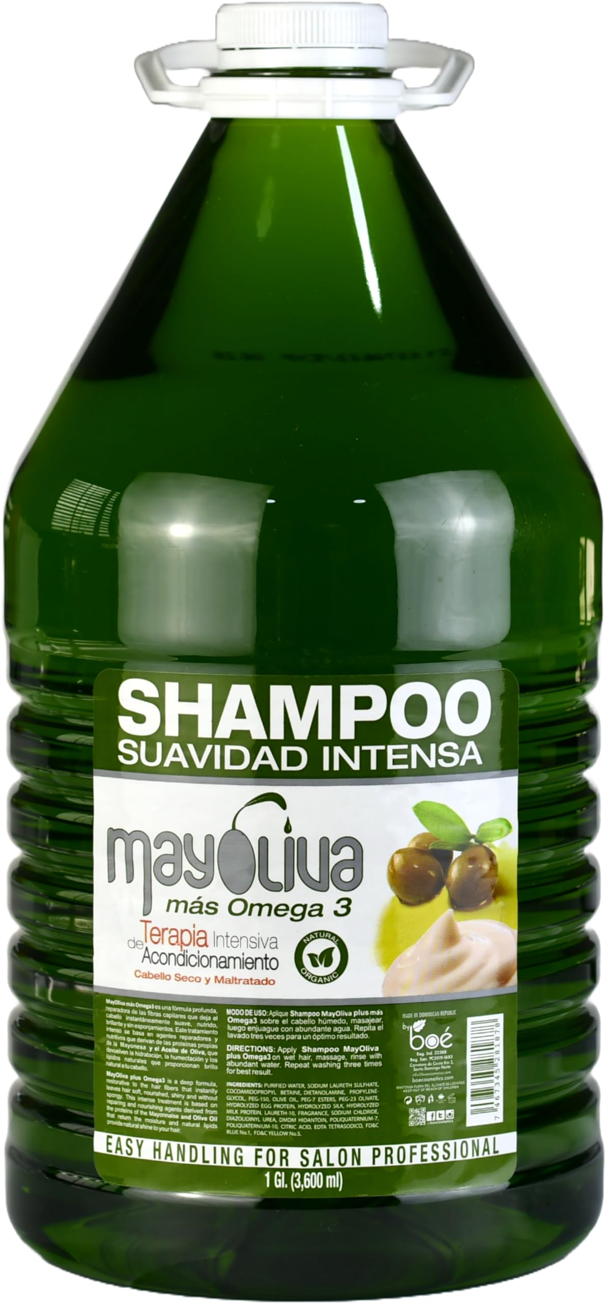 Mayoliva Shampoo Plus with Omega 3 bottle pour demonstrates deep conditioning for dry, damaged hair.