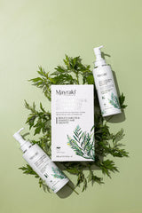 Mayraki Professional bottle close-up, vegan formula nourishes hair with castor and almond oils.