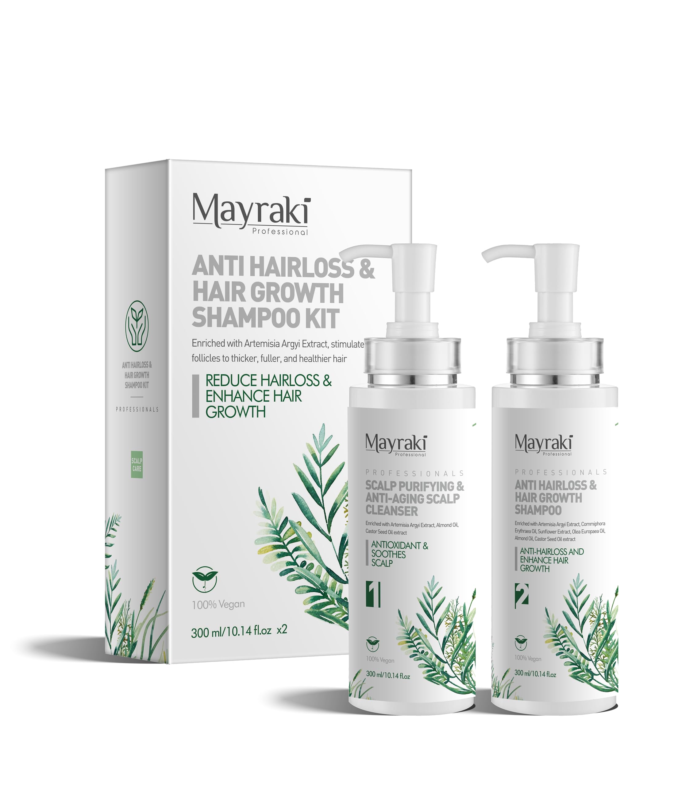 Mayraki Professional shampoo bottle pouring, clarifying cleanse for oily scalps and fuller-looking hair.