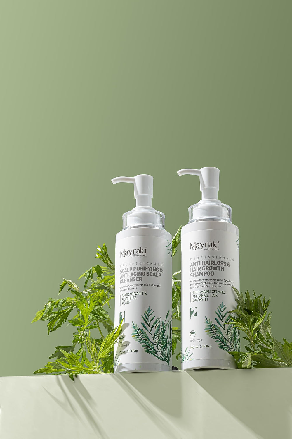 Mayraki Professional vegan ingredients label, castor and almond oils nourish scalp.