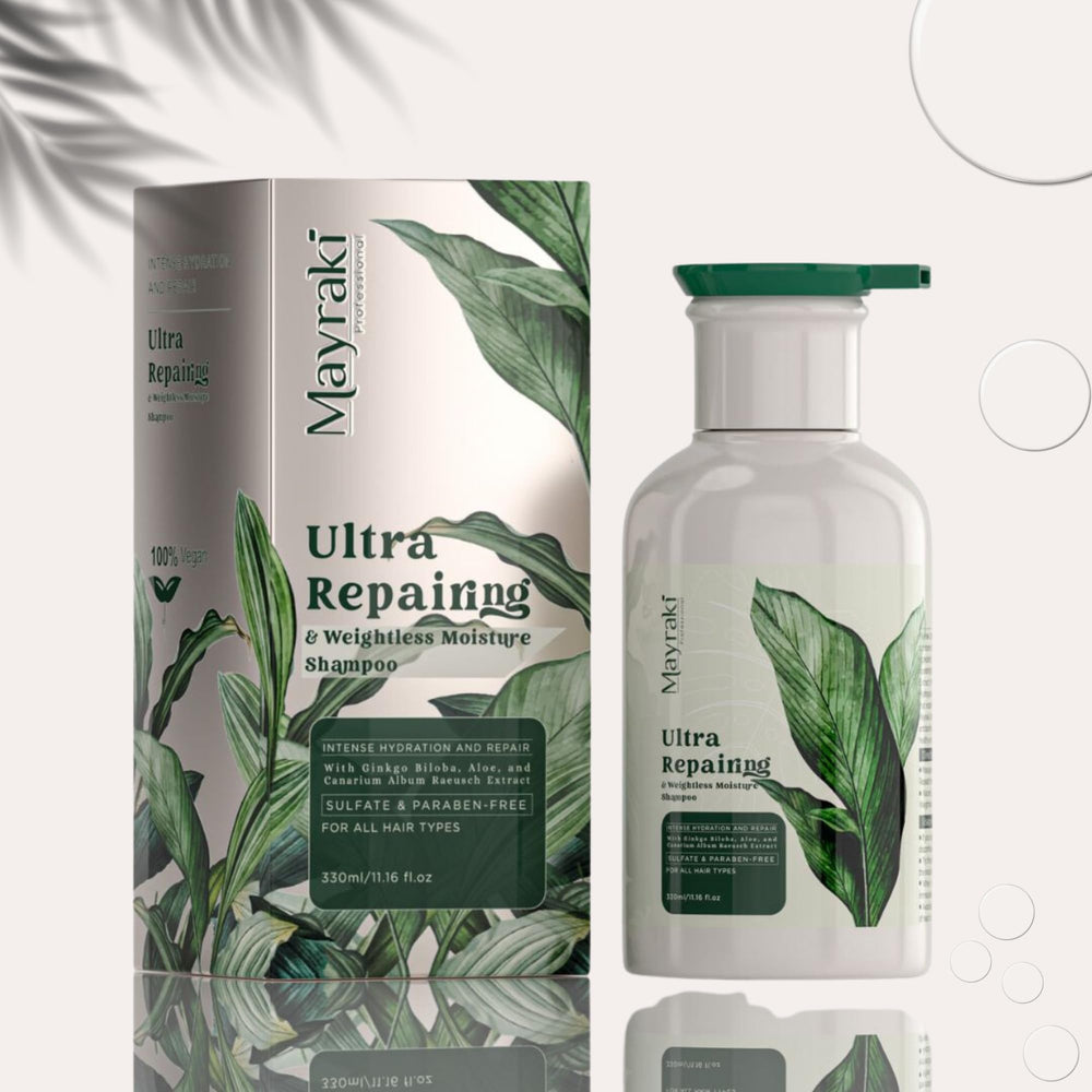 Mayraki Professional Ultra Repairing Weightless Shampoo bottle shows a lightweight, hydrating formula for daily use.
