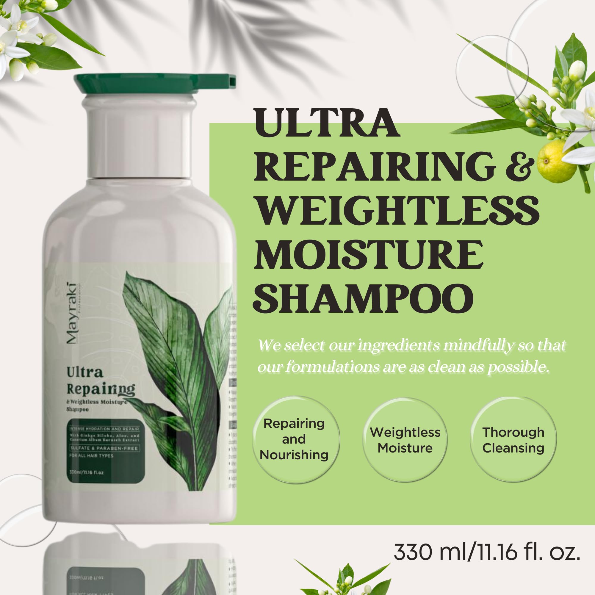 Mayraki Professional Ultra Repairing Weightless Shampoo ingredient gingko biloba supports scalp nourishment.
