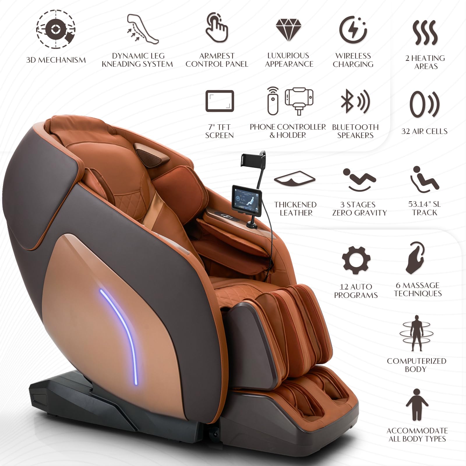Mazzup 3D Massage Chair side view highlighting ergonomic profile and controls.