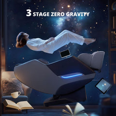 Mazzup massage chair back view demonstrates deep recline and comfort options.