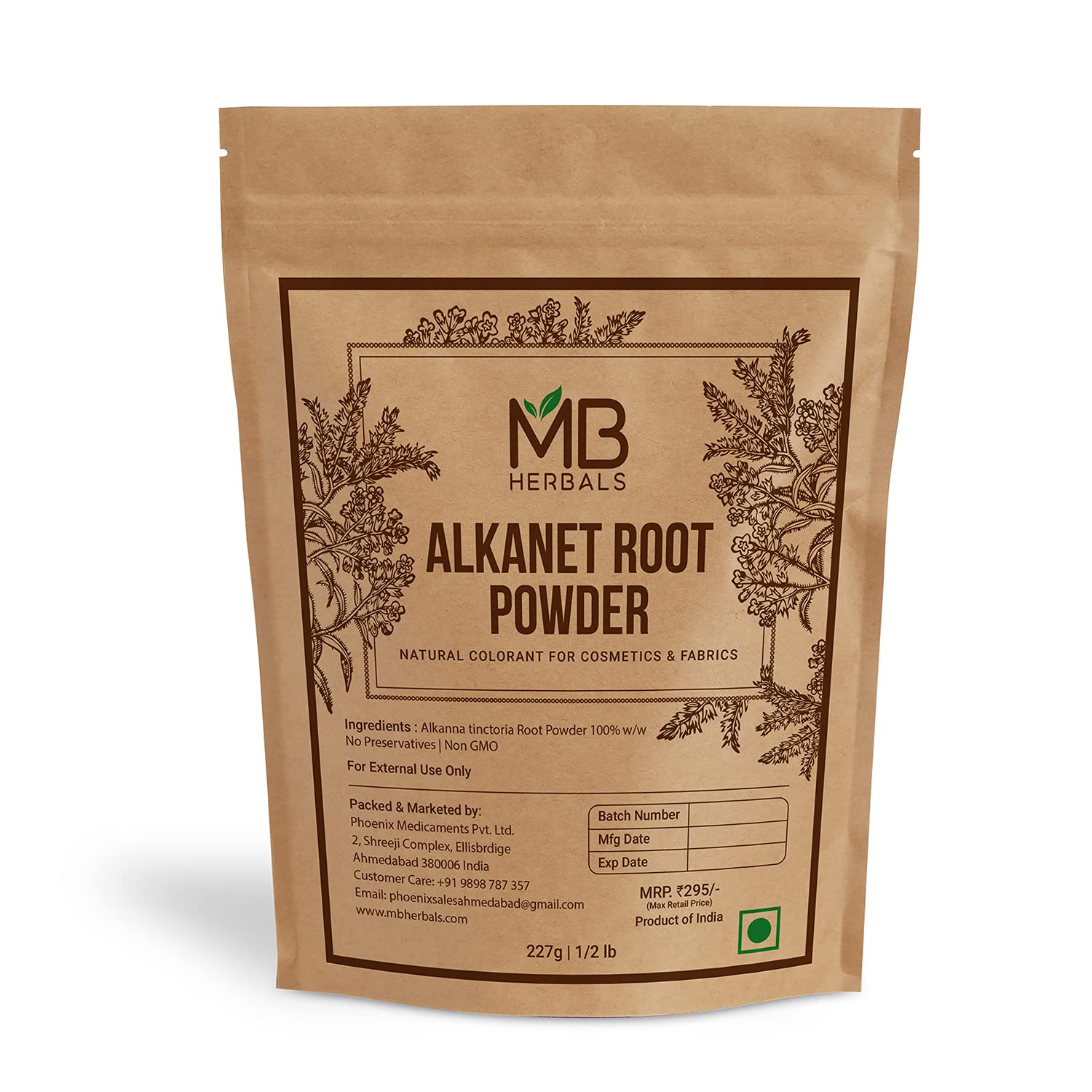 MB Herbals Alkanet Root Powder jar for natural color in cosmetics and fabrics