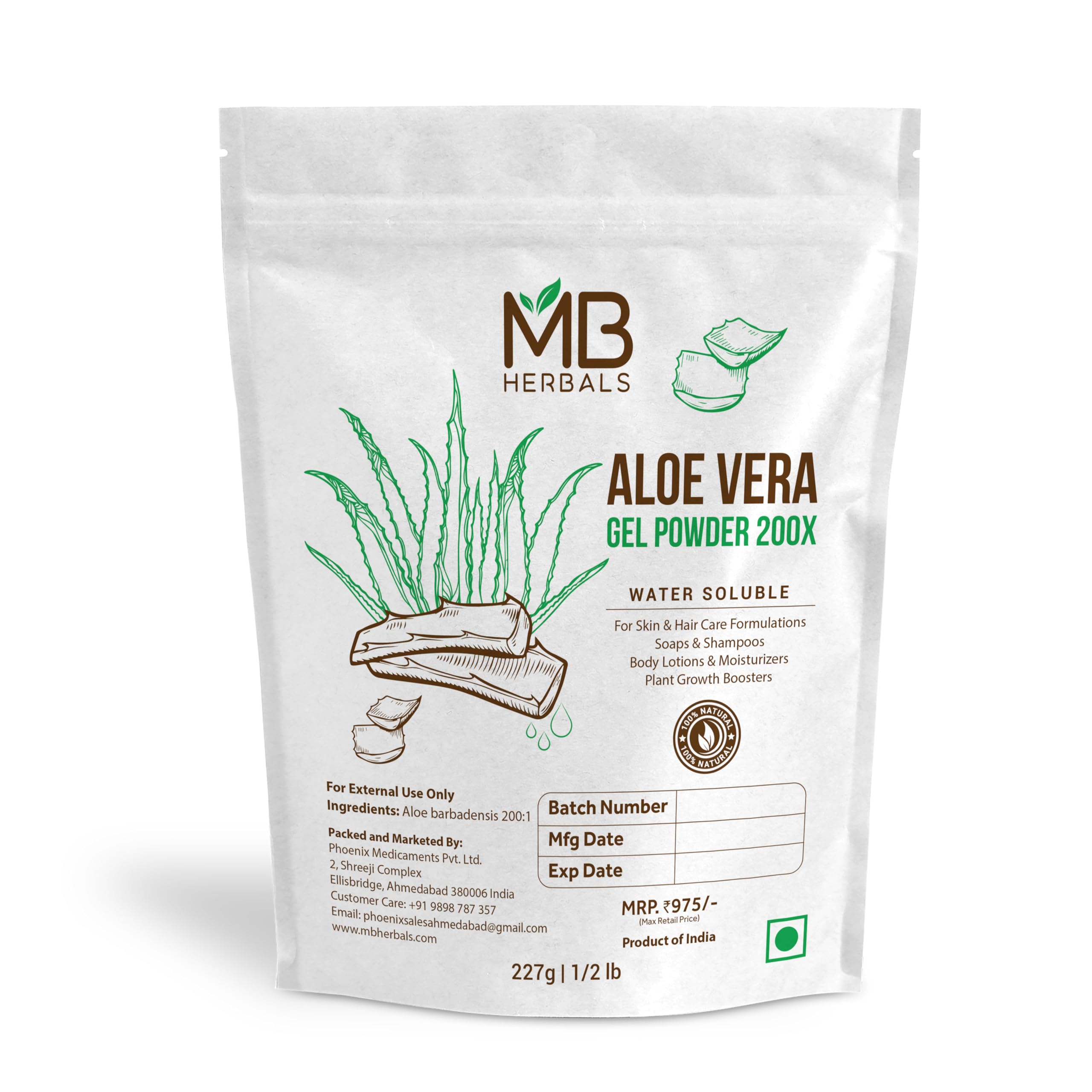 MB Herbals Aloe Vera Gel Powder 200X packaging with scoop for skin hydration formulations.