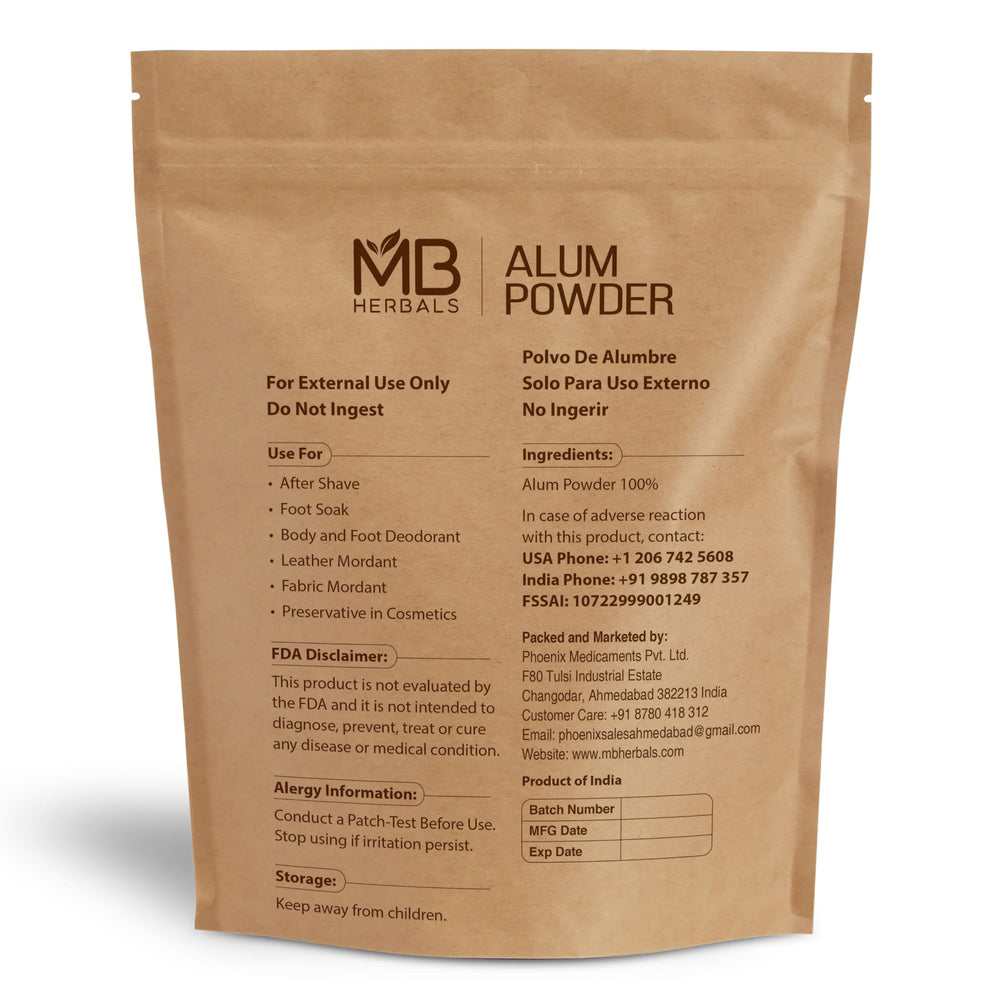 Close-up of MB Herbals alum powder label for easy, safe after-shave and deodorant use
