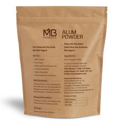 Close-up of MB Herbals alum powder label for easy, safe after-shave and deodorant use