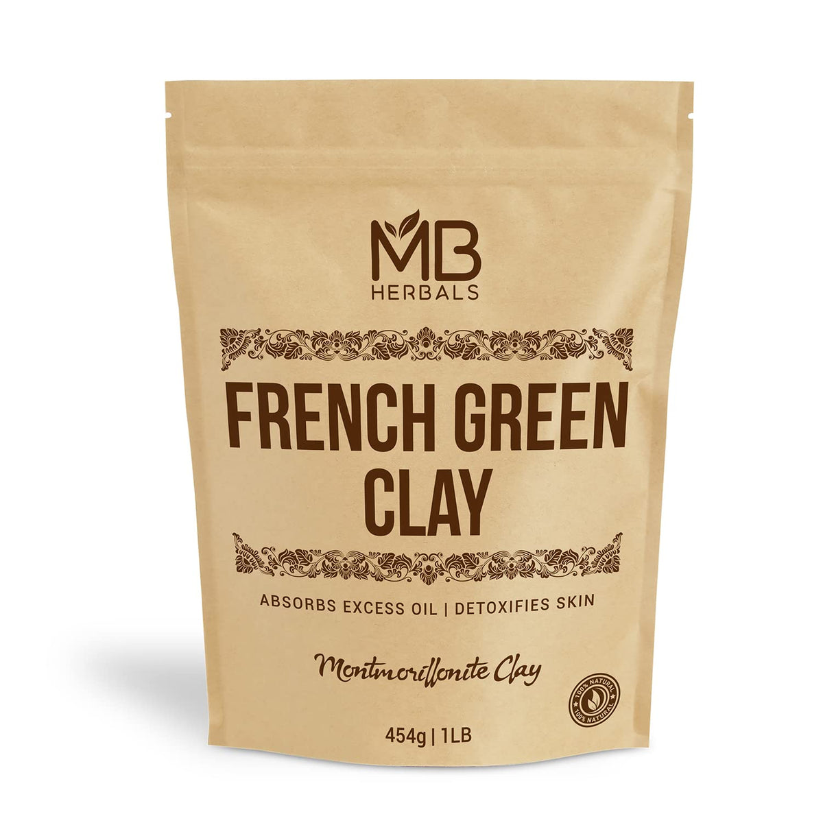 MB Herbals French Green Clay 1lb pack for natural face masks and gentle cleansing.