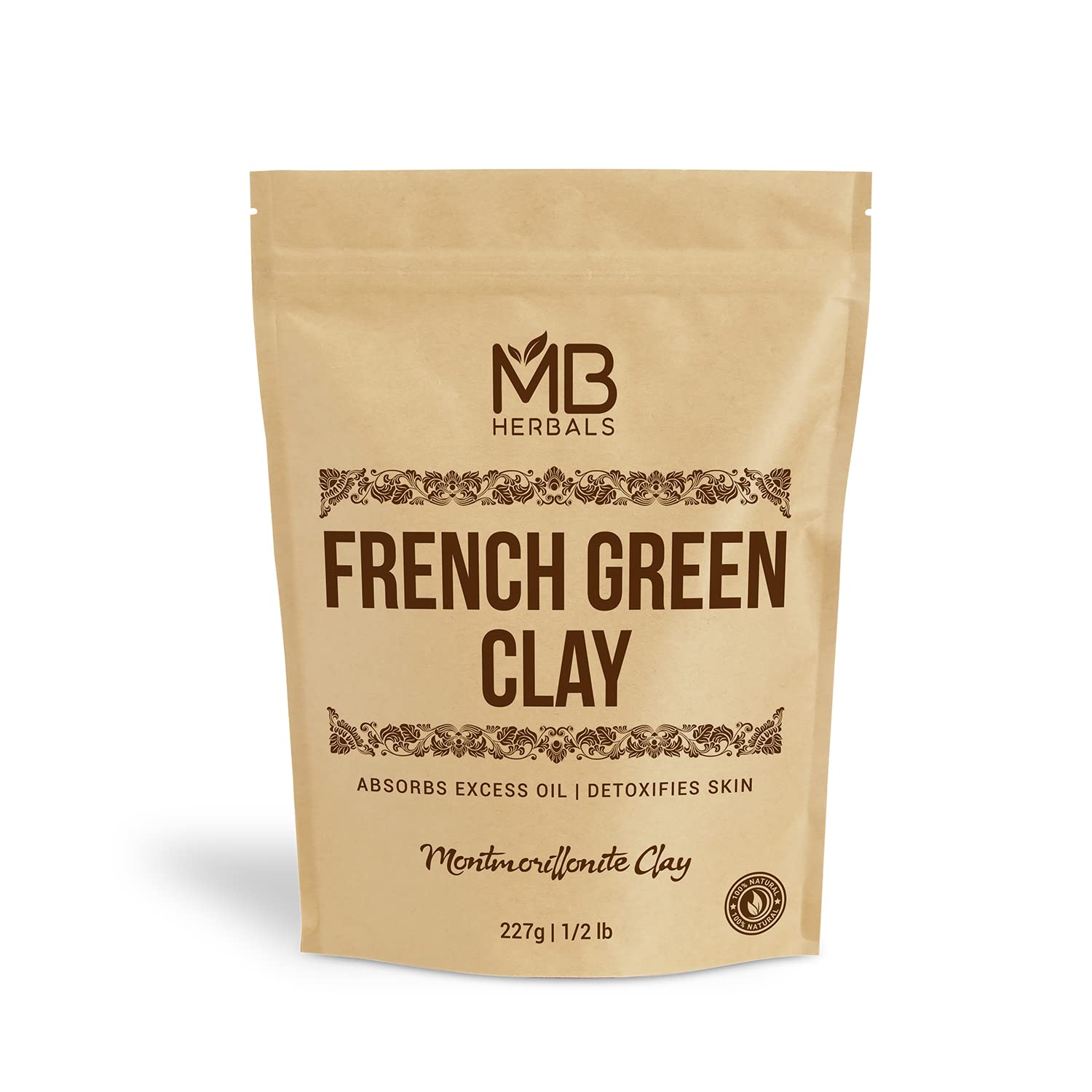 MB Herbals French Green Clay jar shows pure Montmorillonite for oil control and pore detox