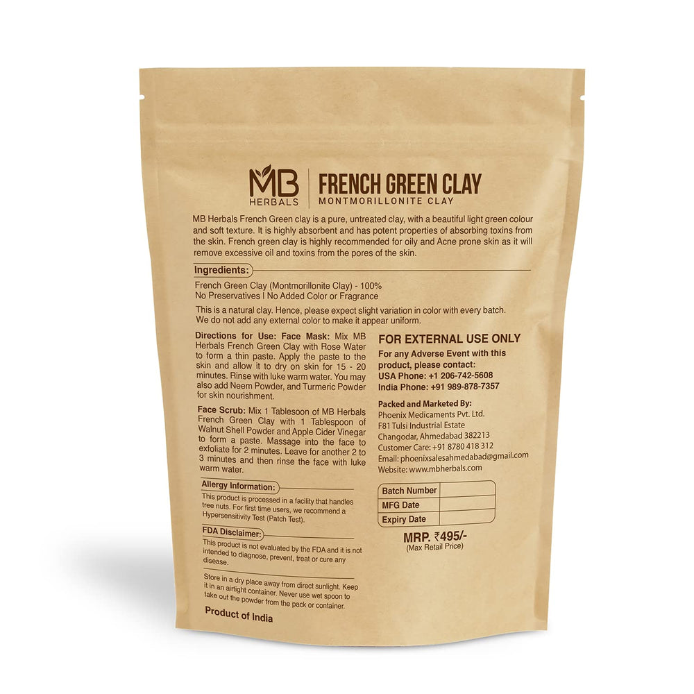 MB Herbals French Green Clay packaging highlights 100% pure clay for DIY facial masks