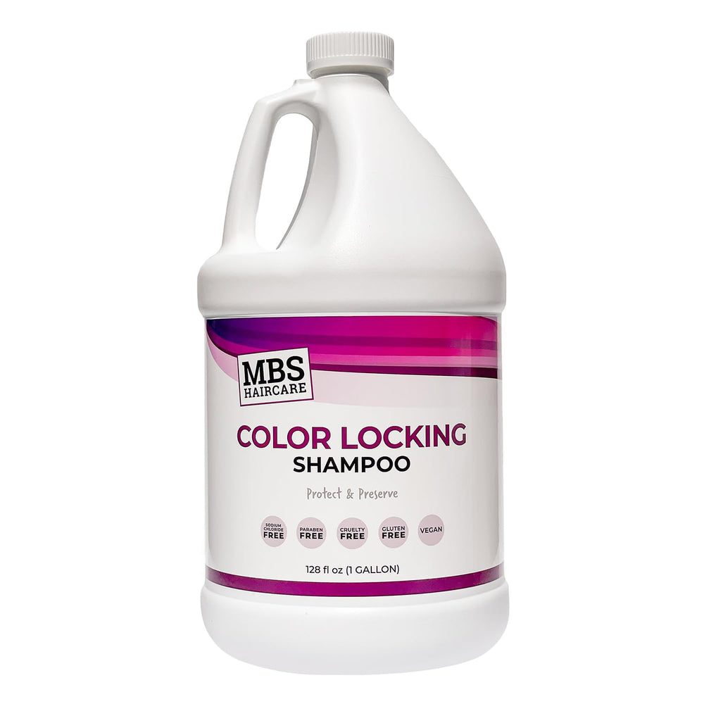 MBS Haircare Color Locking Shampoo bottle closeup shows color-safe cleansing for treated hair