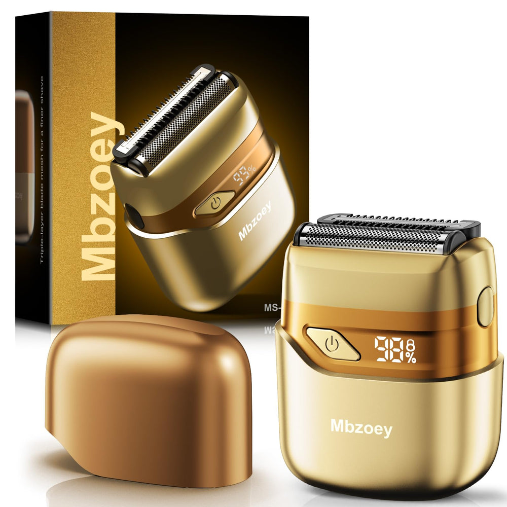 Mbzoey electric foil shaver front view with light gold finish for grooming