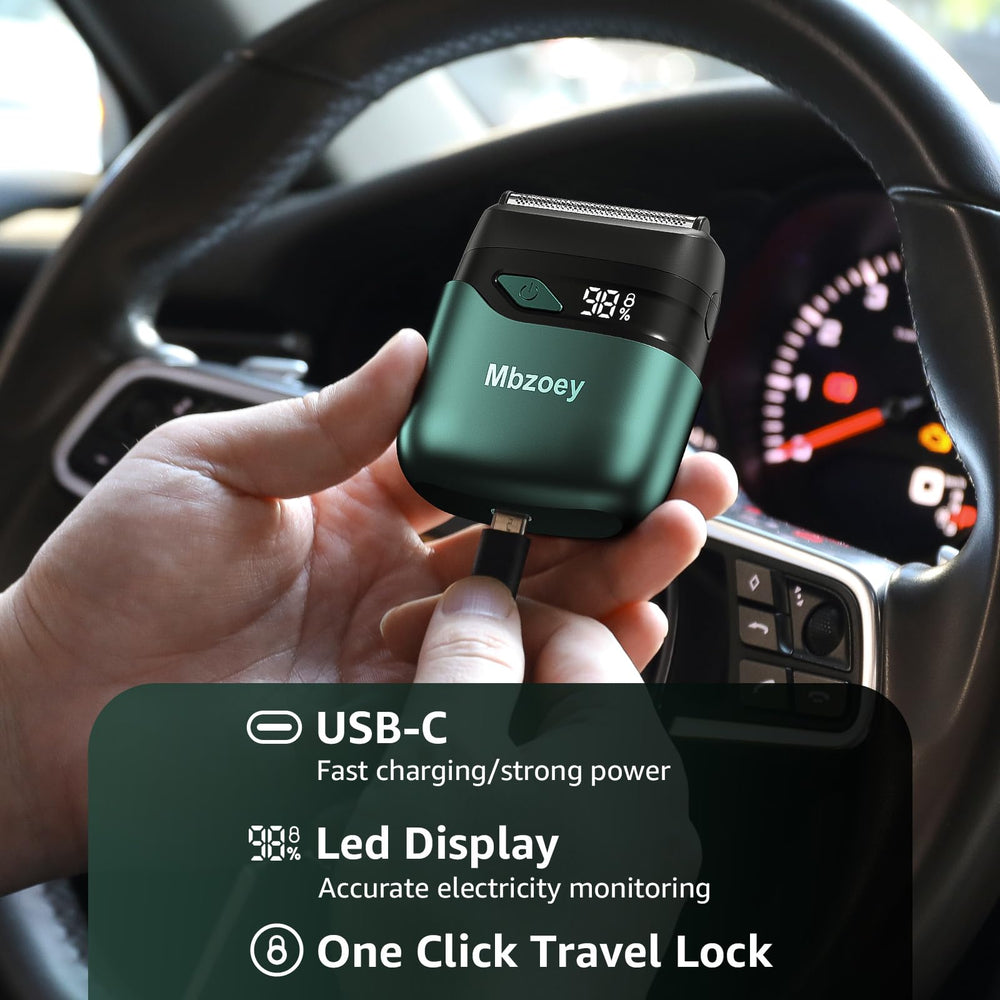 Mbzoey Emerald Green shaver USB-C charging for fast top-ups.
