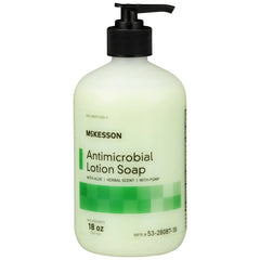 McKesson antimicrobial hand soap bottle front highlights Aloe for softer, hydrated hands.
