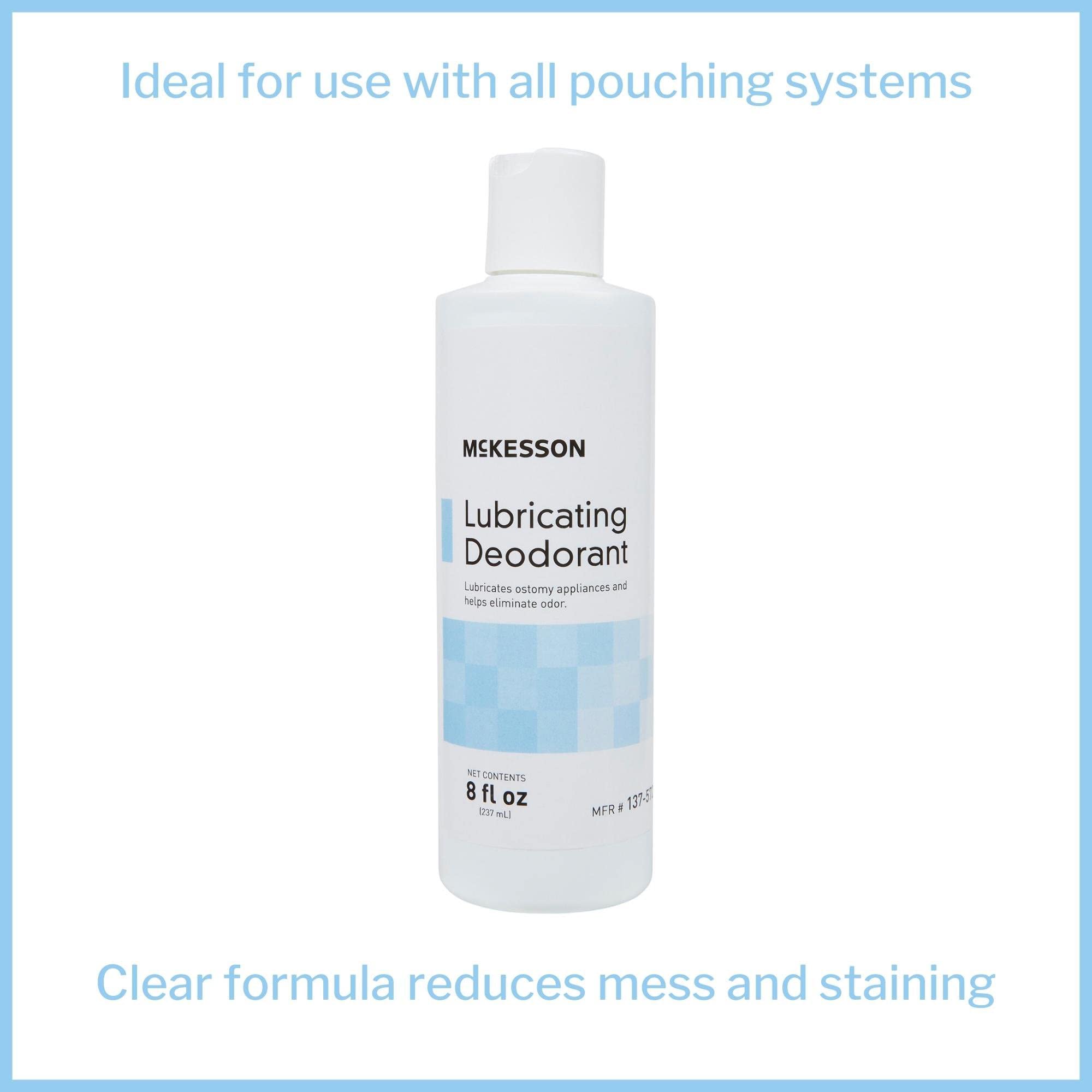 McKesson clear-formula-ostomy-deodorant prevents staining on clothes and furniture.