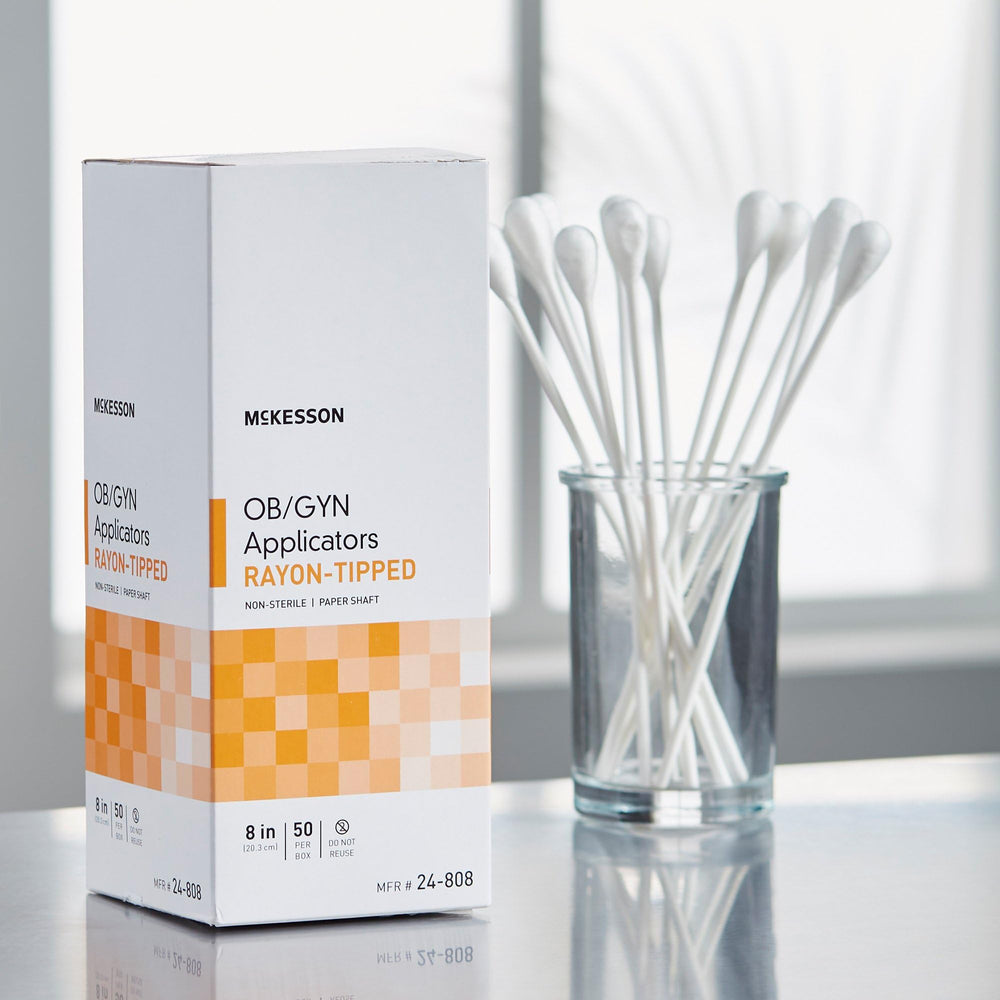 Full 8-inch length of McKesson OB/GYN rayon-tipped applicator for reach.