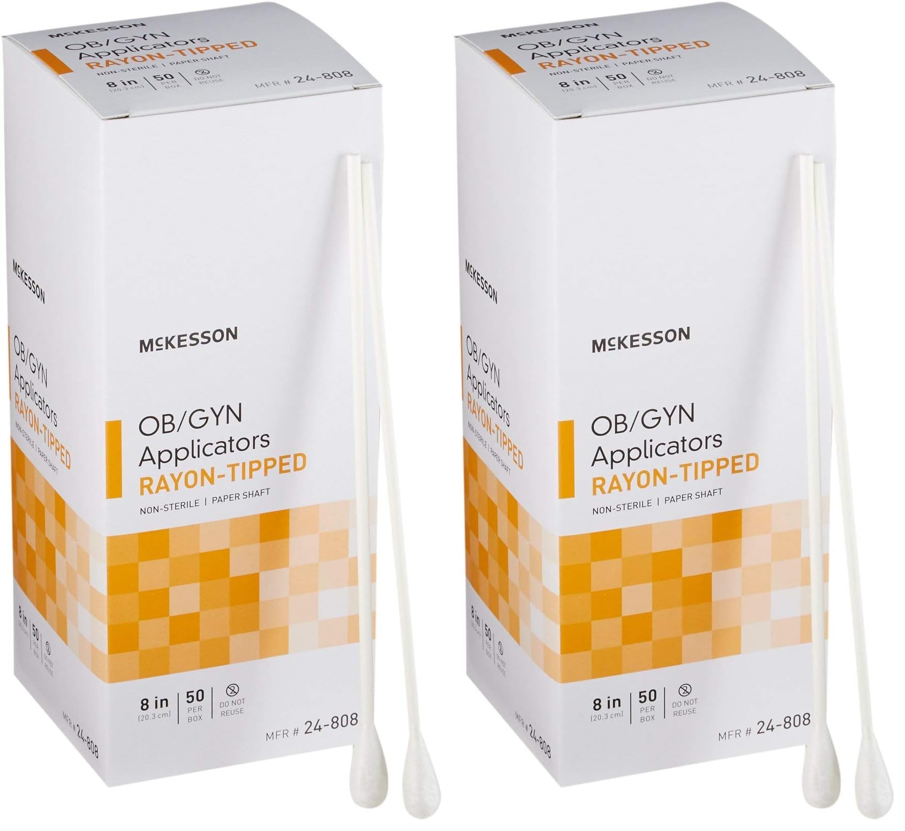McKesson OB/GYN rayon-tipped applicators, 8-inch length, overview for clinical use.