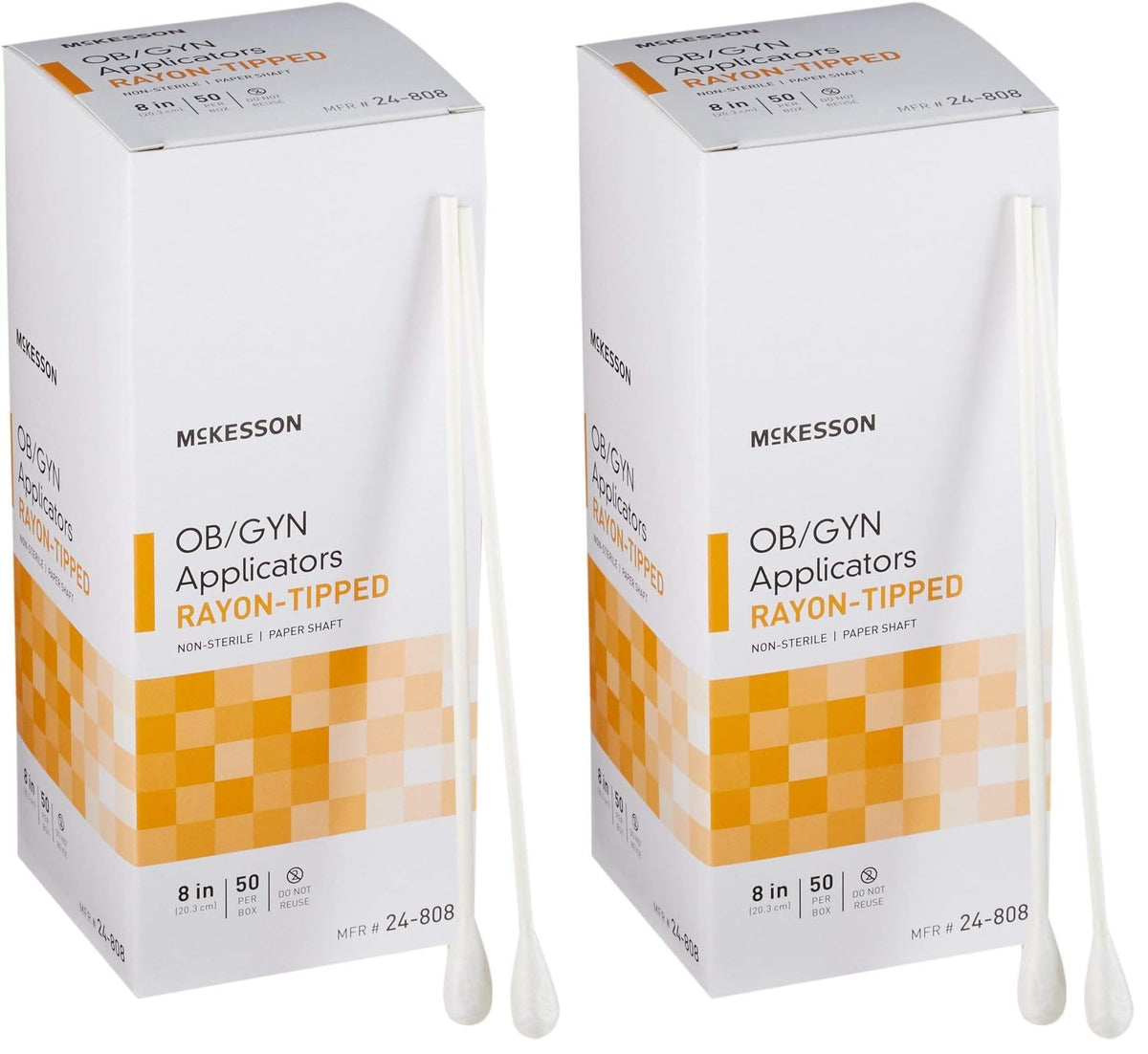 McKesson OB/GYN rayon-tipped applicators, 8-inch length, overview for clinical use.