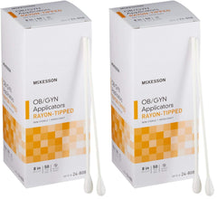 McKesson OB/GYN rayon-tipped applicators, 8-inch length, overview for clinical use.
