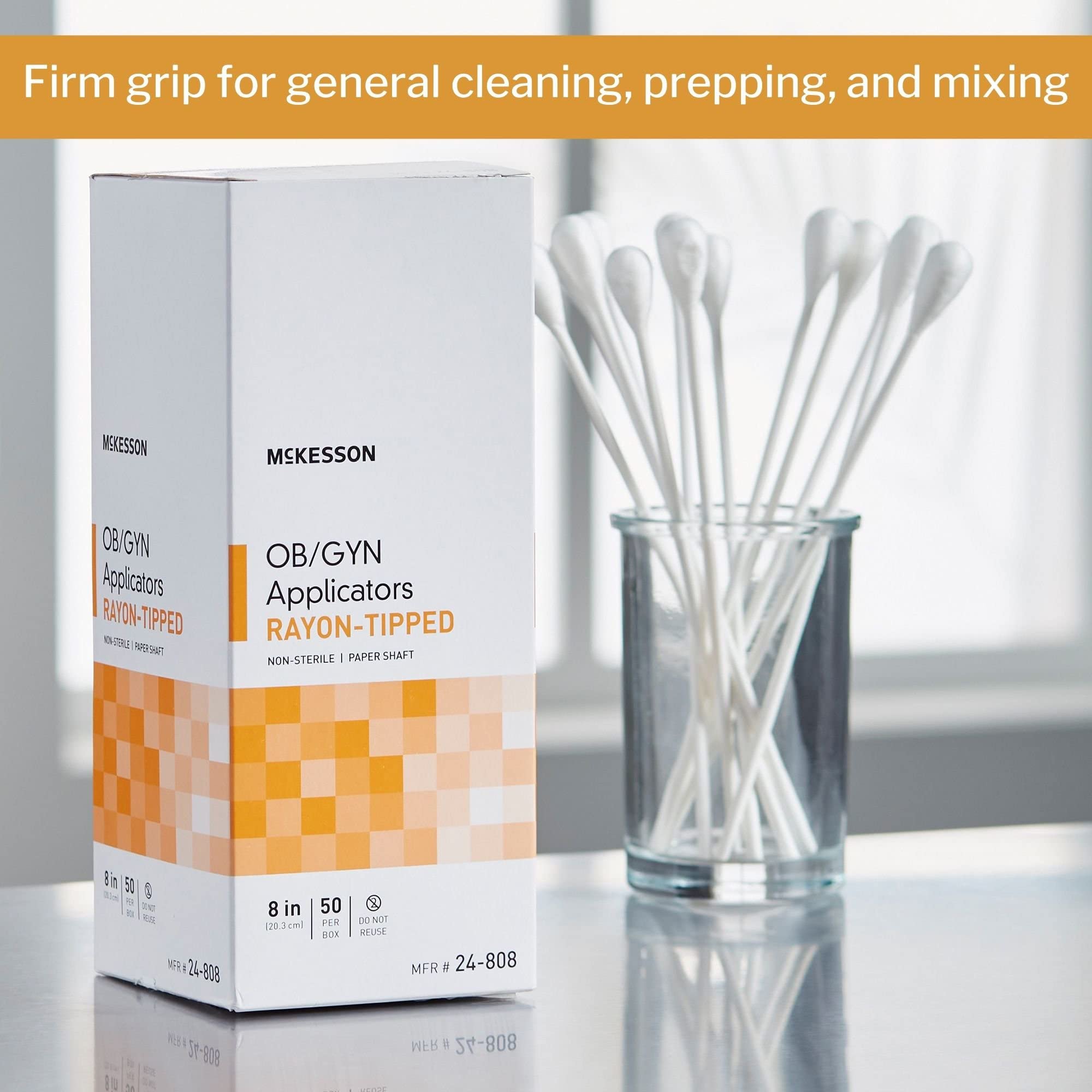 Packaging of McKesson OB/GYN rayon-tipped applicators, 50-count per pack.