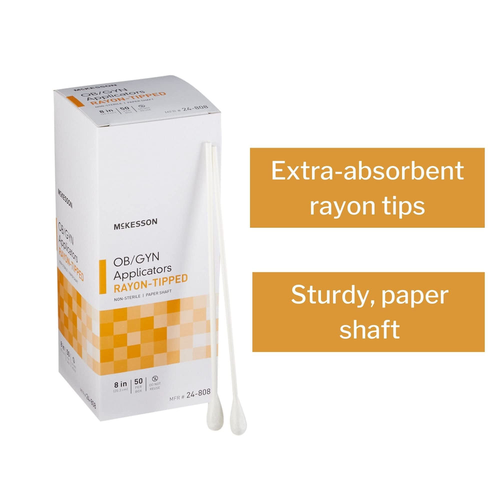 Rayon-tip detail on McKesson OB/GYN applicator for gentle contact.