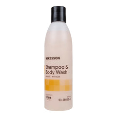 McKesson Shampoo and Body Wash with Aloe bottle pour for gentle cleansing
