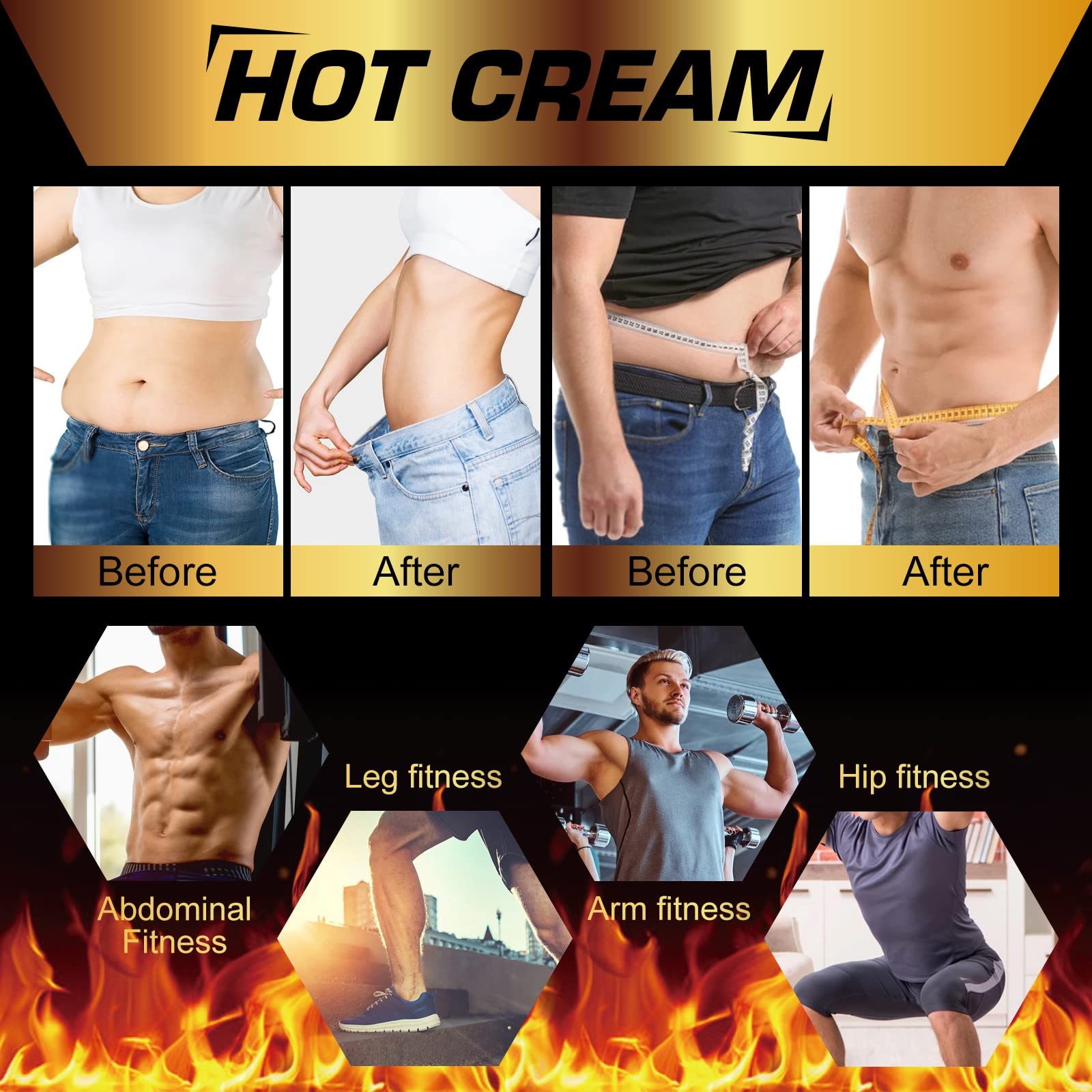 Mcukv Hot Sweat Cream is showcased in a before-after style for target areas.