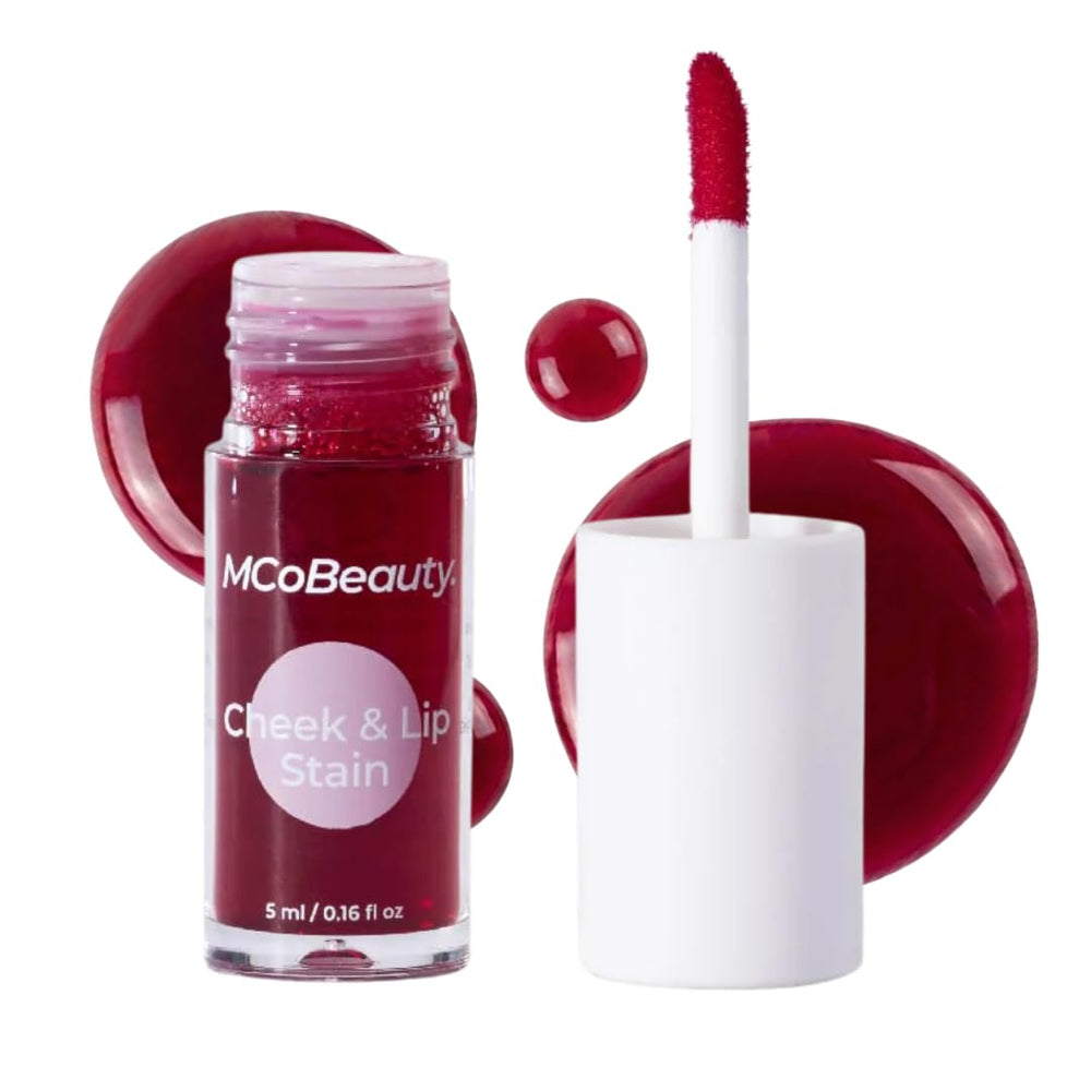 MCoBeauty Cheek & Lip Stain 2-in-1 bottle swatch shows buildable rosy color for lips and cheeks.