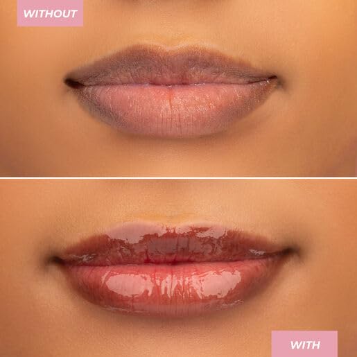 Close-up of caramel shade lip treatment with peptides