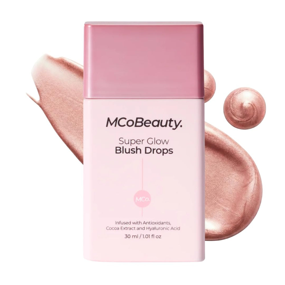 MCoBeauty Super Glow Blush Drops bottle pour reveals rosy shimmer for instant glow.
