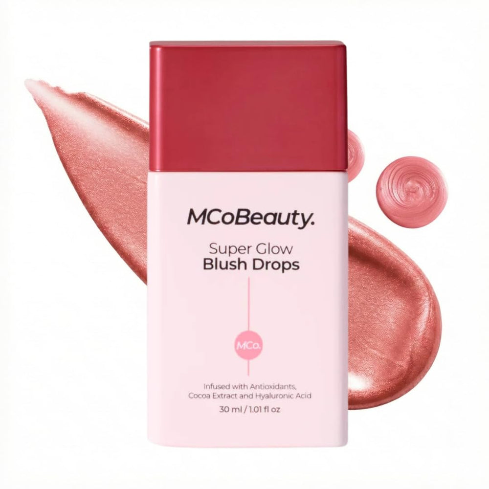 MCoBeauty Super Glow Blush Drops bottle pour showing rosy luminosity on the cheekbone