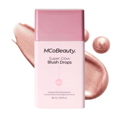 MCoBeauty Super Glow Blush Drops bottle pour reveals rosy shimmer for instant glow.
