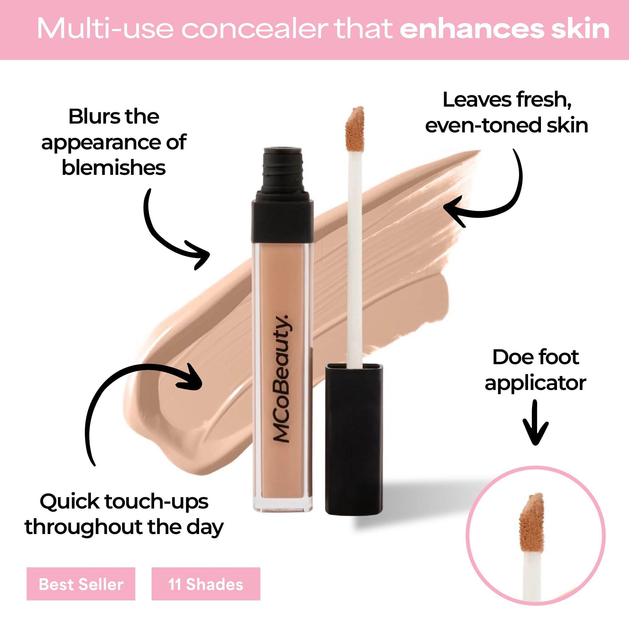 MCoBeauty Brighten & Perfect Concealer blemish-coverage demonstrates buildable correction without cakiness.