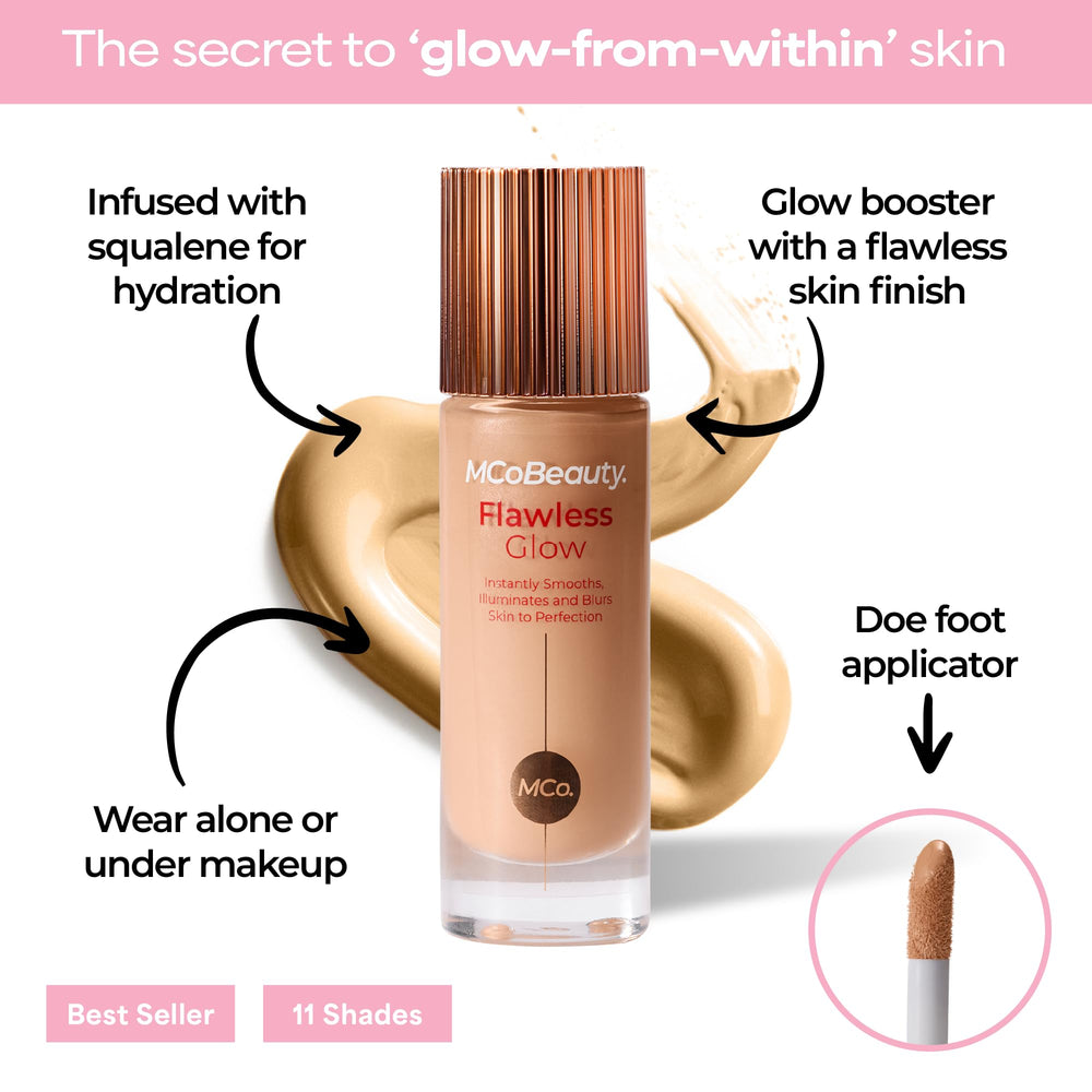 MCoBeauty Flawless Glow swatch on cheek demonstrates buildable luminosity.