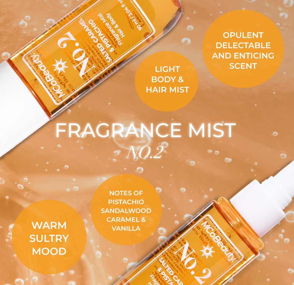 MCoBeauty Fragrance Mist No.2 note-swirled bottle conveys a rich, versatile aroma
