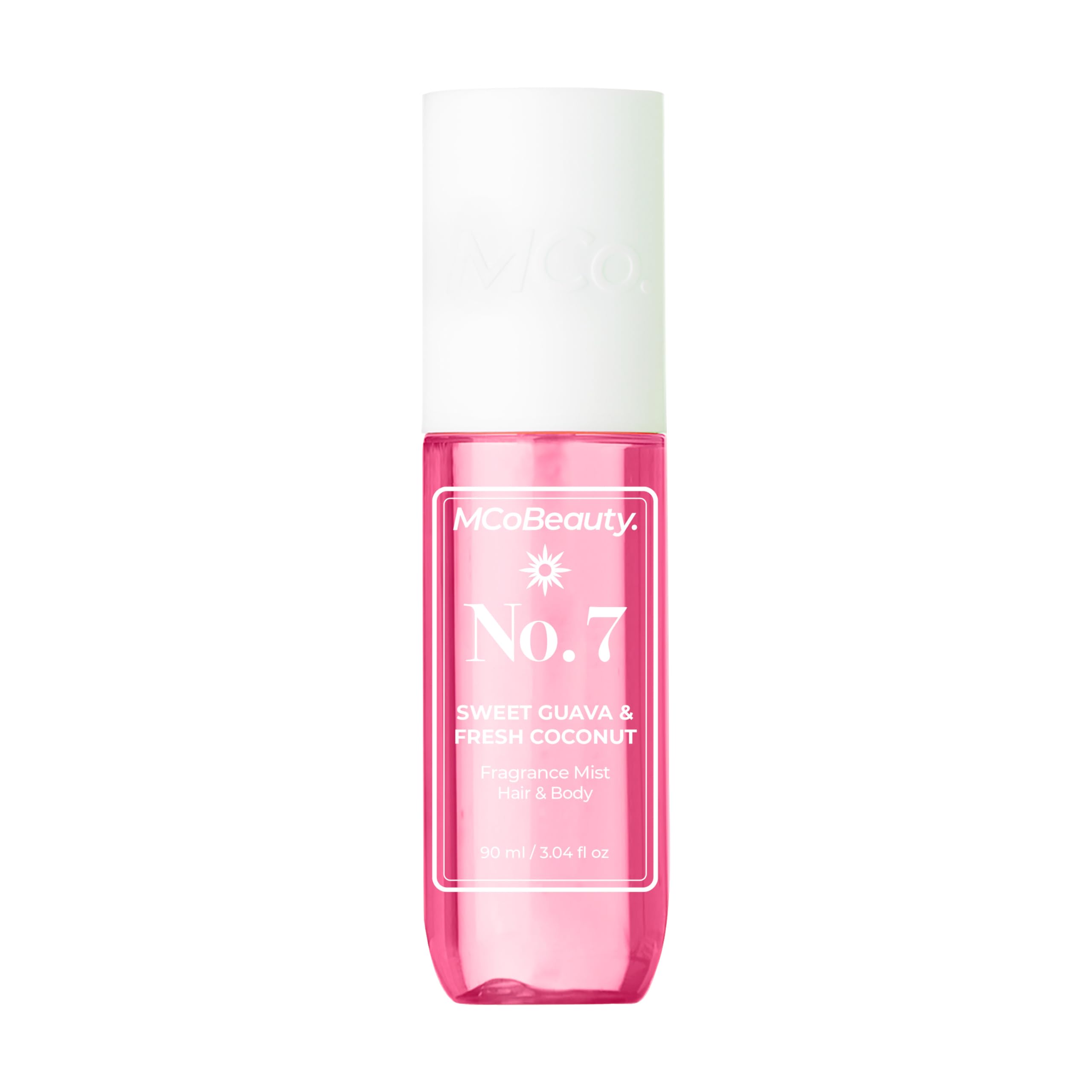 MCoBeauty Fragrance Mist No.7 bottle highlights tropical guava and coconut for daily fresh wear.