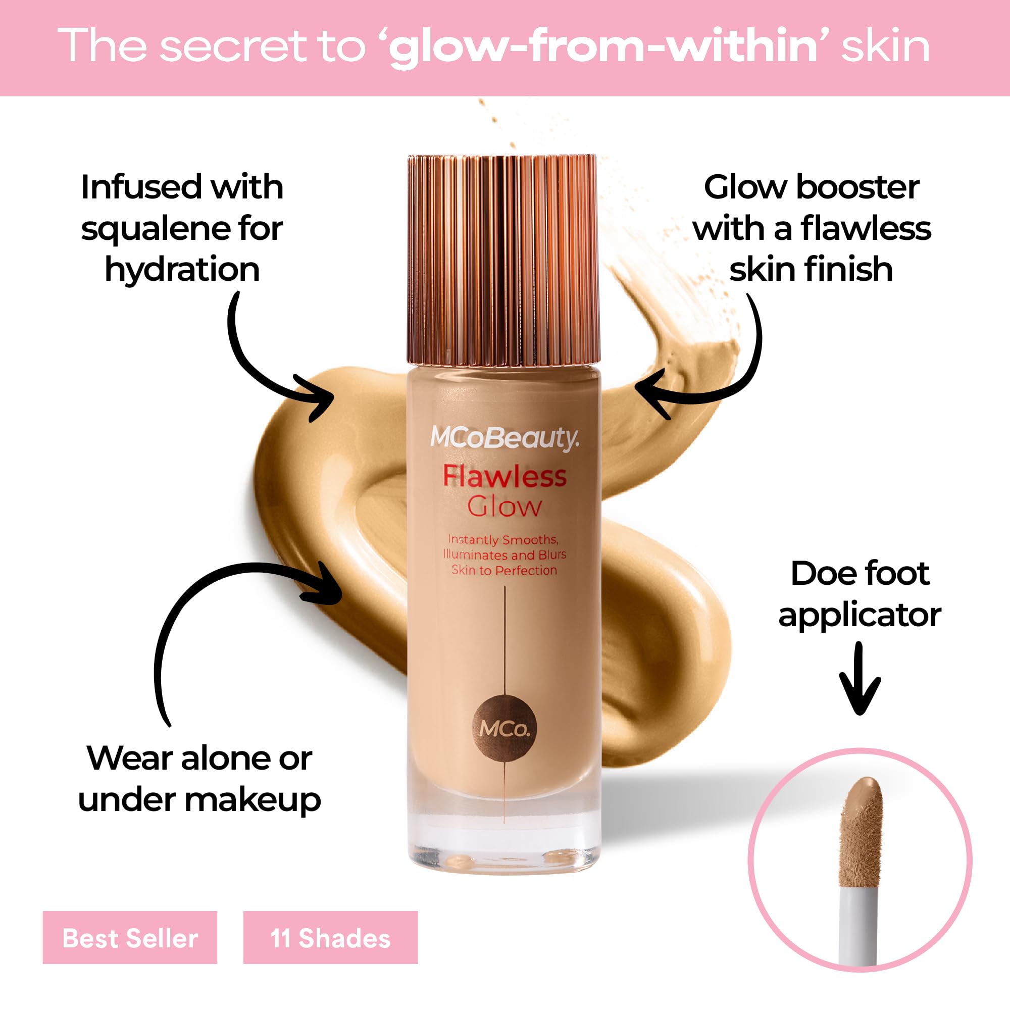 MCoBeauty Glow swatch demonstrates buildable radiance for subtle to bold looks.