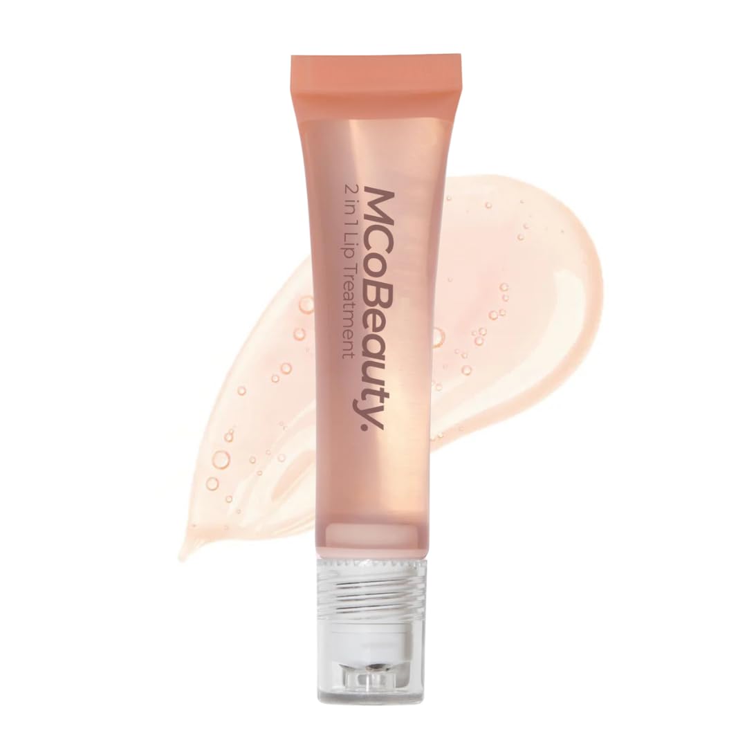 MCoBeauty Glow Treat lip oil with peach scent and rollerball for quick glossy shine.