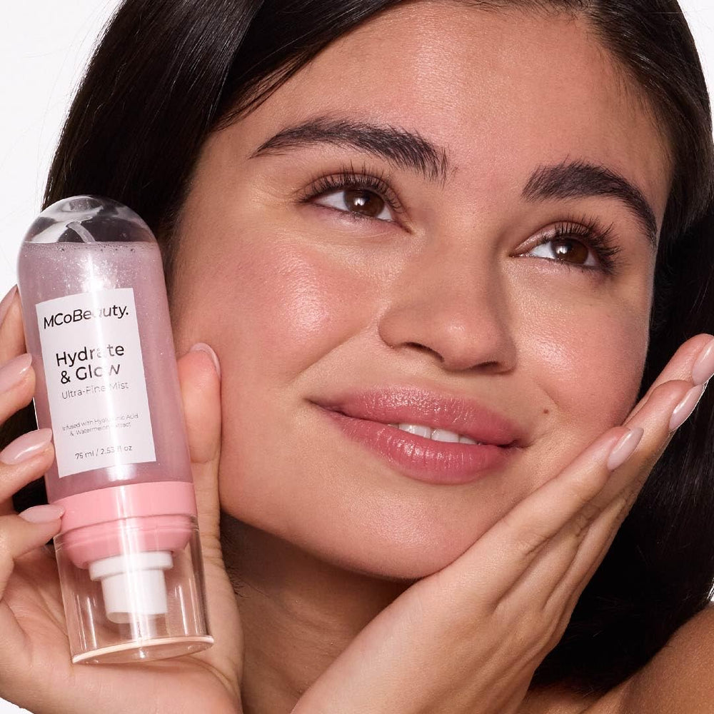 MCoBeauty Hydrate & Glow body mist for on-the-go hydration and shimmer.