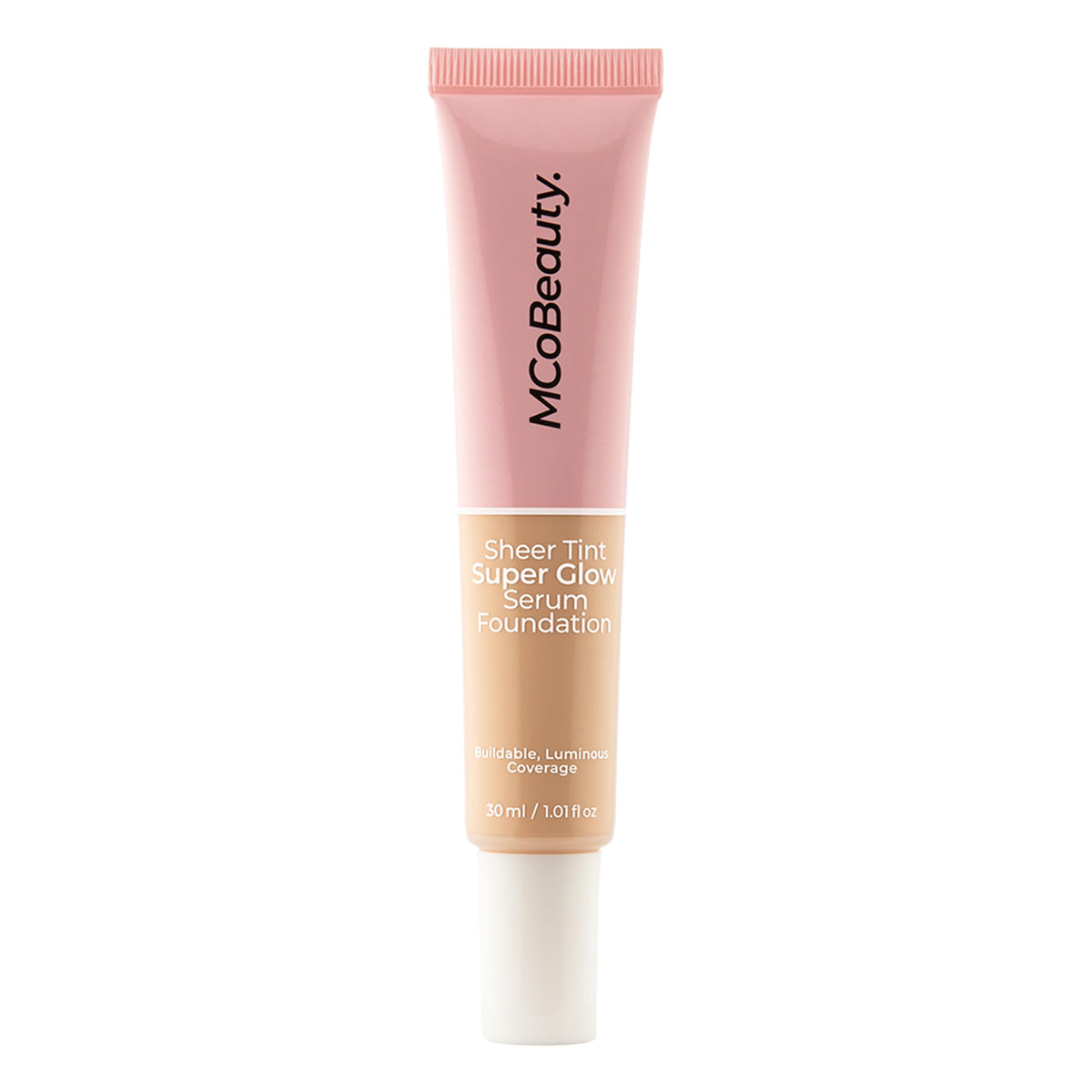 MCoBeauty Sheer Tint Super Glow Serum Bottle Pump shows lightweight coverage for natural glow