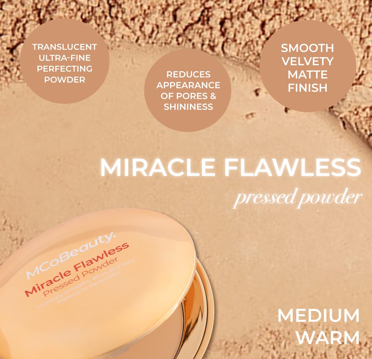 MCoBeauty pressed powder delivers a soft-focus finish over makeup