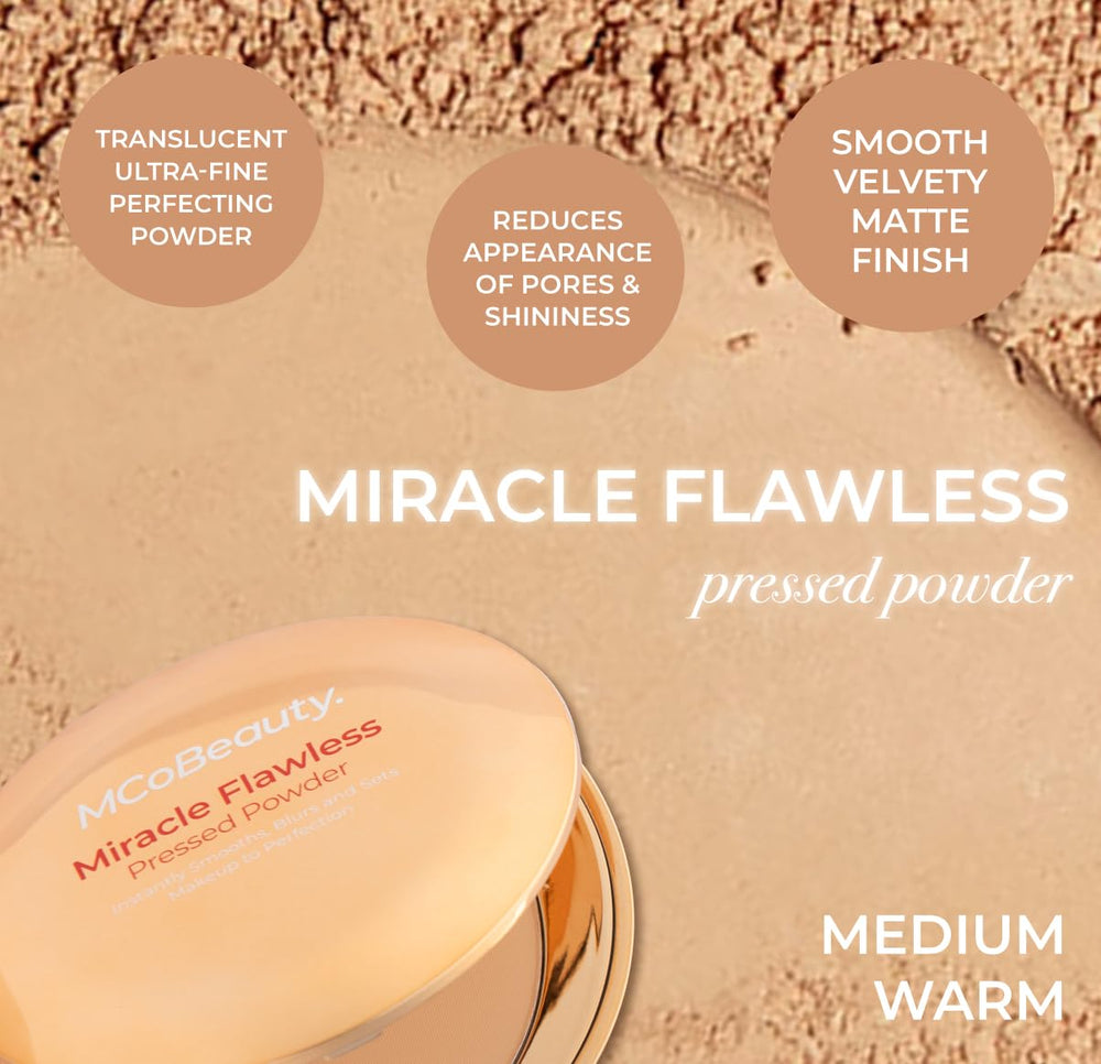 MCoBeauty pressed powder delivers a soft-focus finish over makeup